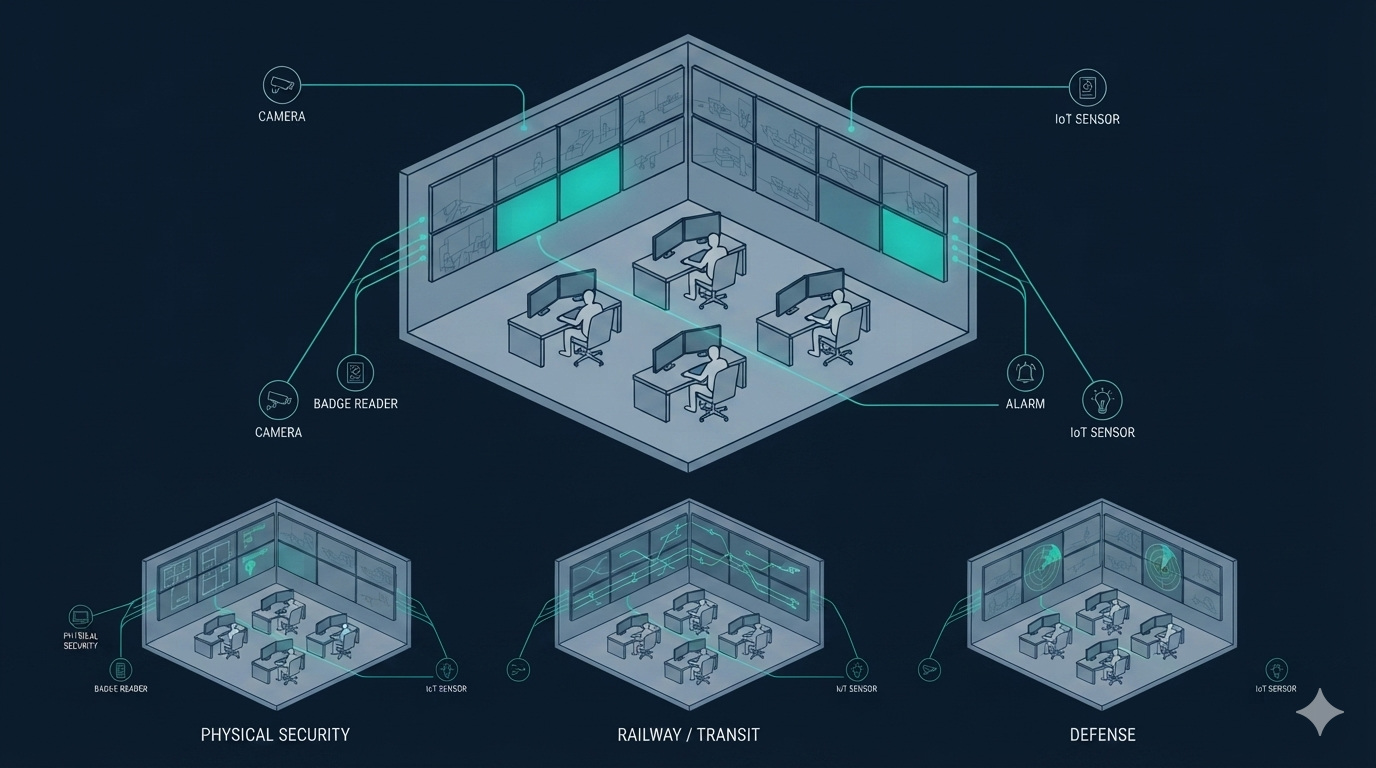 Anatomy of a command centre: a video wall, sensor inputs, and operators.