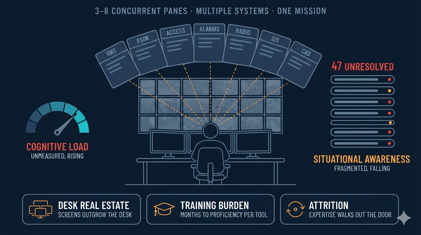 Chart: as inputs multiply, cognitive load rises while situational awareness falls.